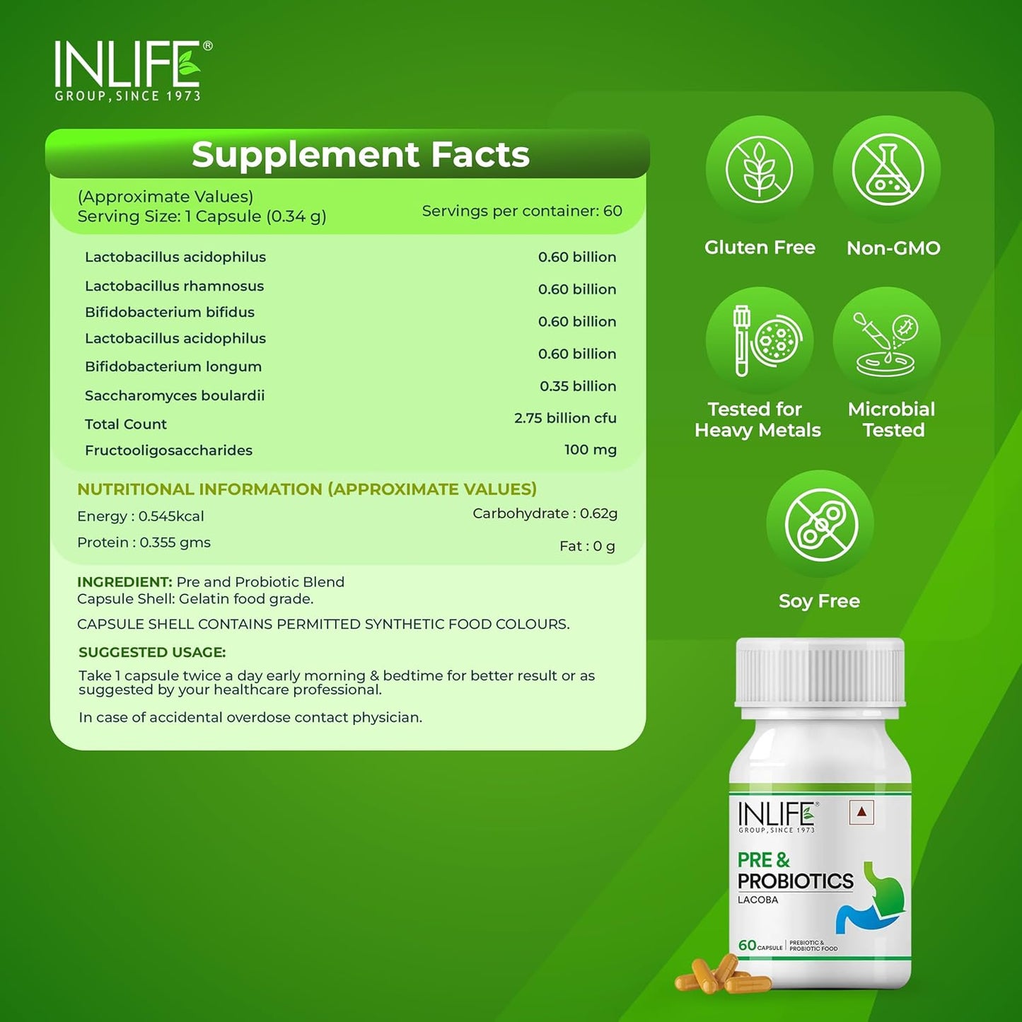 INLIFE Prebiotic and Probiotic Supplement for Gut Health | Lactobacillus Bacteria for Digestive Health Immunity Support| Probiotics for Women Men - 60 Capsules (Pack of 1, 60)