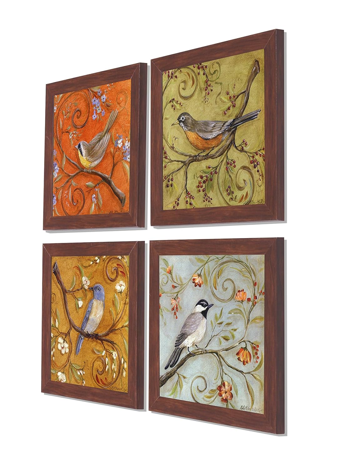 Multicolor Birds Wall Art Painting for living room, birds floral Framed painting, set of 4, 9x9 Inch