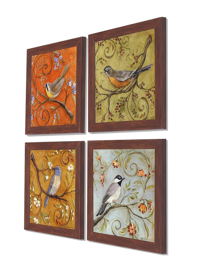 Multicolor Birds Wall Art Painting for living room, birds floral Framed painting, set of 4, 9x9 Inch