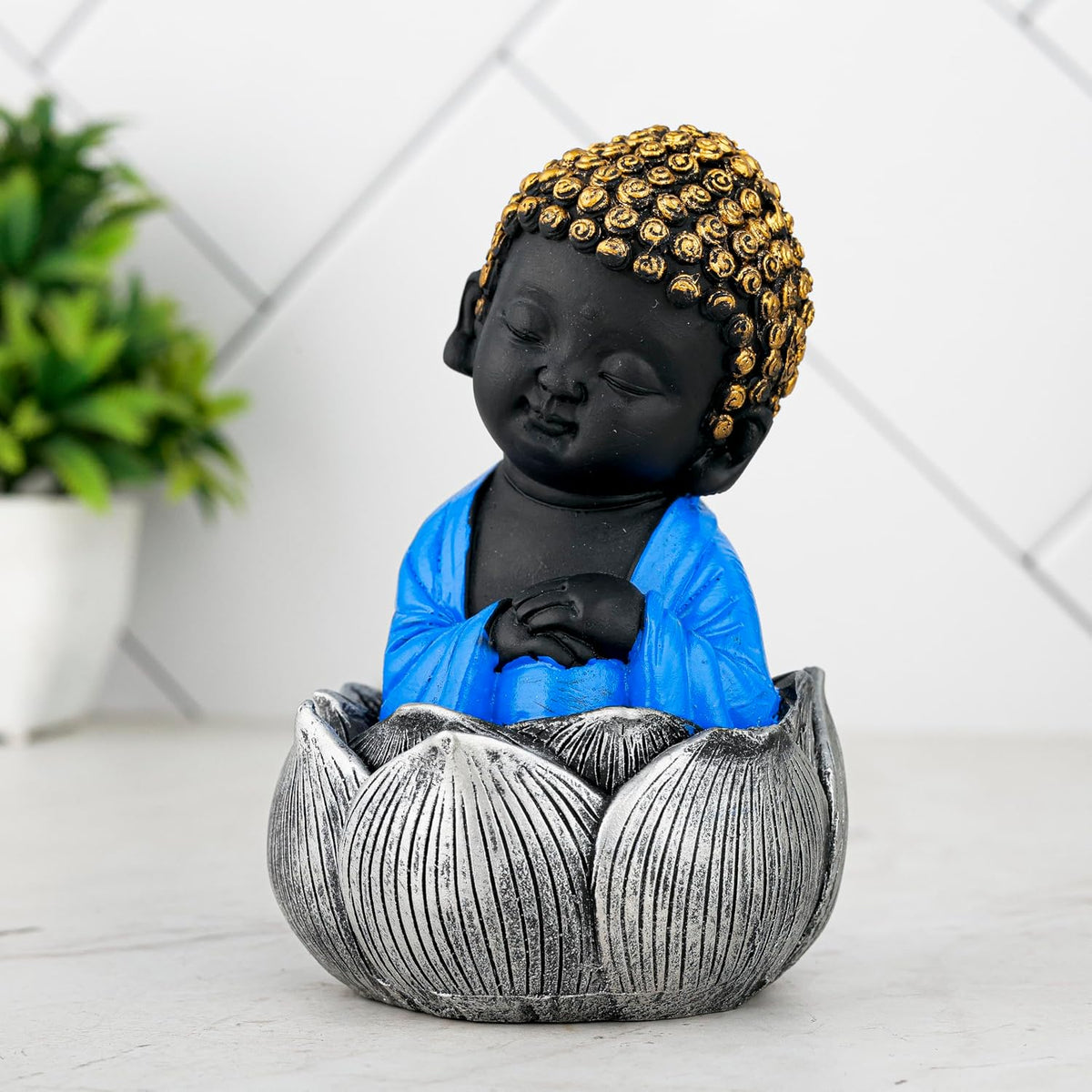 Laughing Buddha Baby Monk Idol Statue Showpiece Home Decor Items for Living Room and Gifts (Blue Black)
