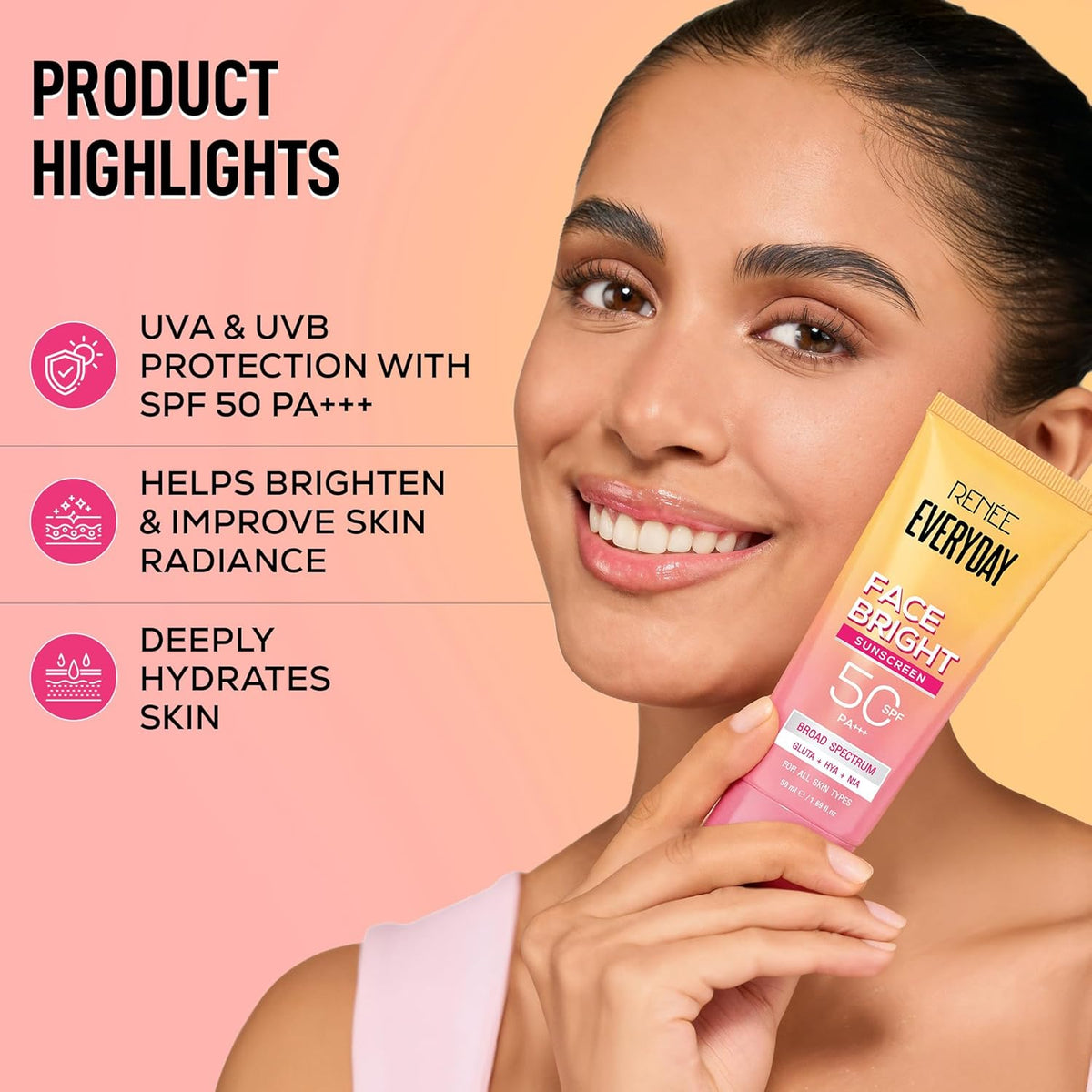 RENEE Everyday Face Bright Brightening Sunscreen SPF 50 PA+++ | In-Vivo Tested | With Niacinamide, Hyaluronic Acid & Glutathione | Broad Spectrum UVA & UVB Protection | Hydrates & Protects Skin | 50ml