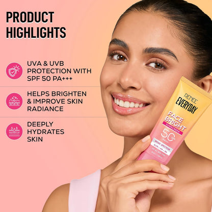 RENEE Everyday Face Bright Brightening Sunscreen SPF 50 PA+++ | In-Vivo Tested | With Niacinamide, Hyaluronic Acid & Glutathione | Broad Spectrum UVA & UVB Protection | Hydrates & Protects Skin | 50ml