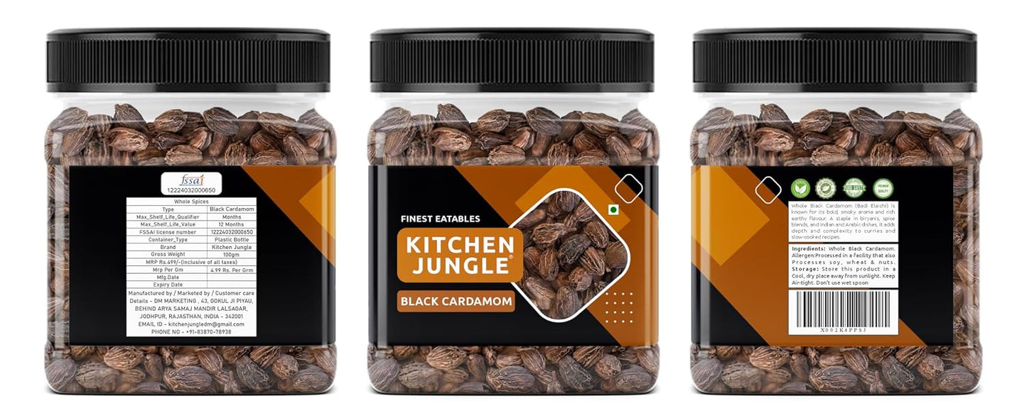 Kitchen Jungle Premium Black Cardamom (Kali Elaichi) 100g | Bold Whole Badi Elaichi Pods | Strong Smoky Aromatic Spice for Biryani, Garam Masala, Curries & Indian Cooking