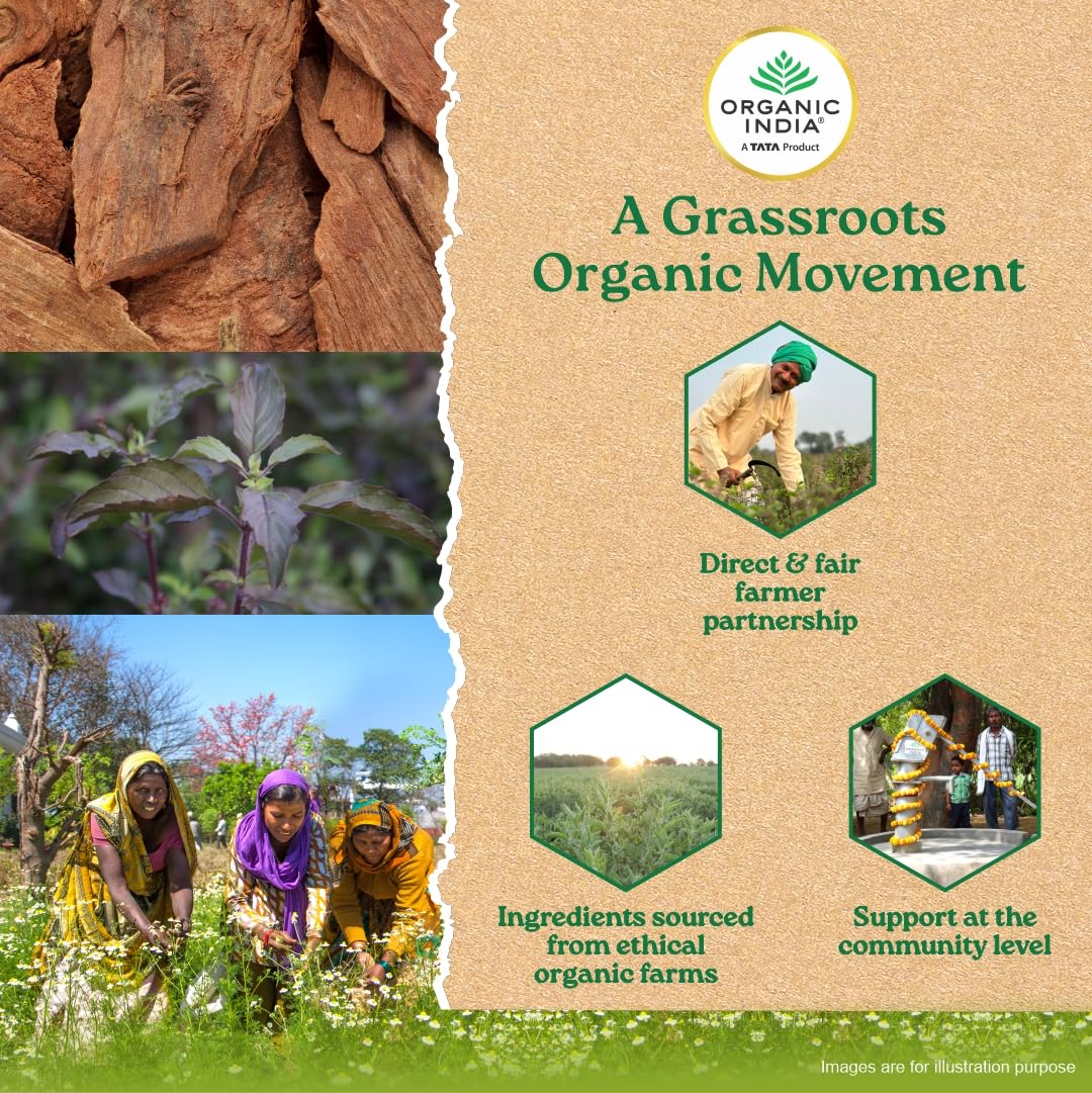 Promotional graphic for Organic India's grassroots organic movement with images of farmers and plants.