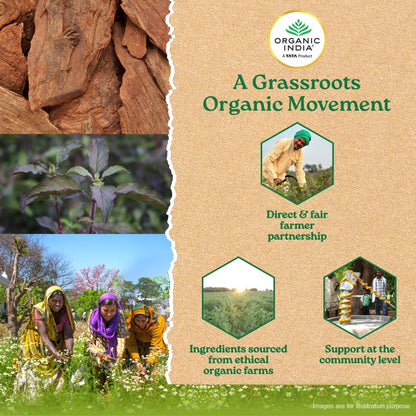 Promotional graphic for Organic India's grassroots organic movement with images of farmers and plants.