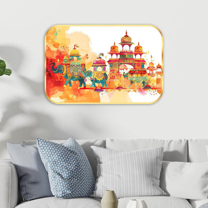 elephant modern art Premium Sparkle Lamination Finished Surface Golden Slim Frame 35 cm x 28 cm Large Size, For Home/Office/Hotel painting KG43