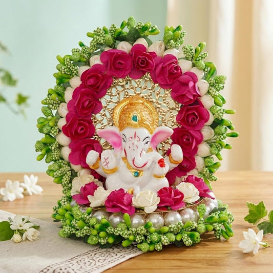 Resin Lord Ganesha Idol On Decorative Green Pink Floral Plate| Ganesha Idol for Home Decor Car Dashboard| Ganesha Statue| Ganesh Murti|Ganpati Murti God Statue Gift for Diwali Housewarming