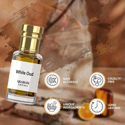 Bottle of White Oud Arabian Aroma with product features on a brown background