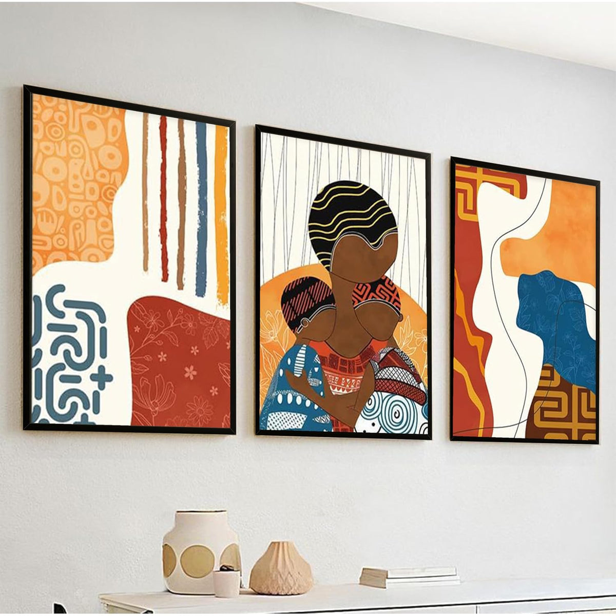 Modern Abstract Madhubani Art Painting with Frame | UV Printed, Scratchless Sparkle Laminated | Paintings for Living Room, Home Decor, Bedroom, Office, Hall, Black Textured Frames, Set of 3