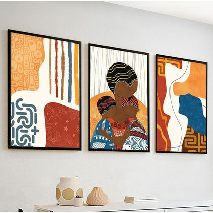 Modern Abstract Madhubani Art Painting with Frame | UV Printed, Scratchless Sparkle Laminated | Paintings for Living Room, Home Decor, Bedroom, Office, Hall, Black Textured Frames, Set of 3