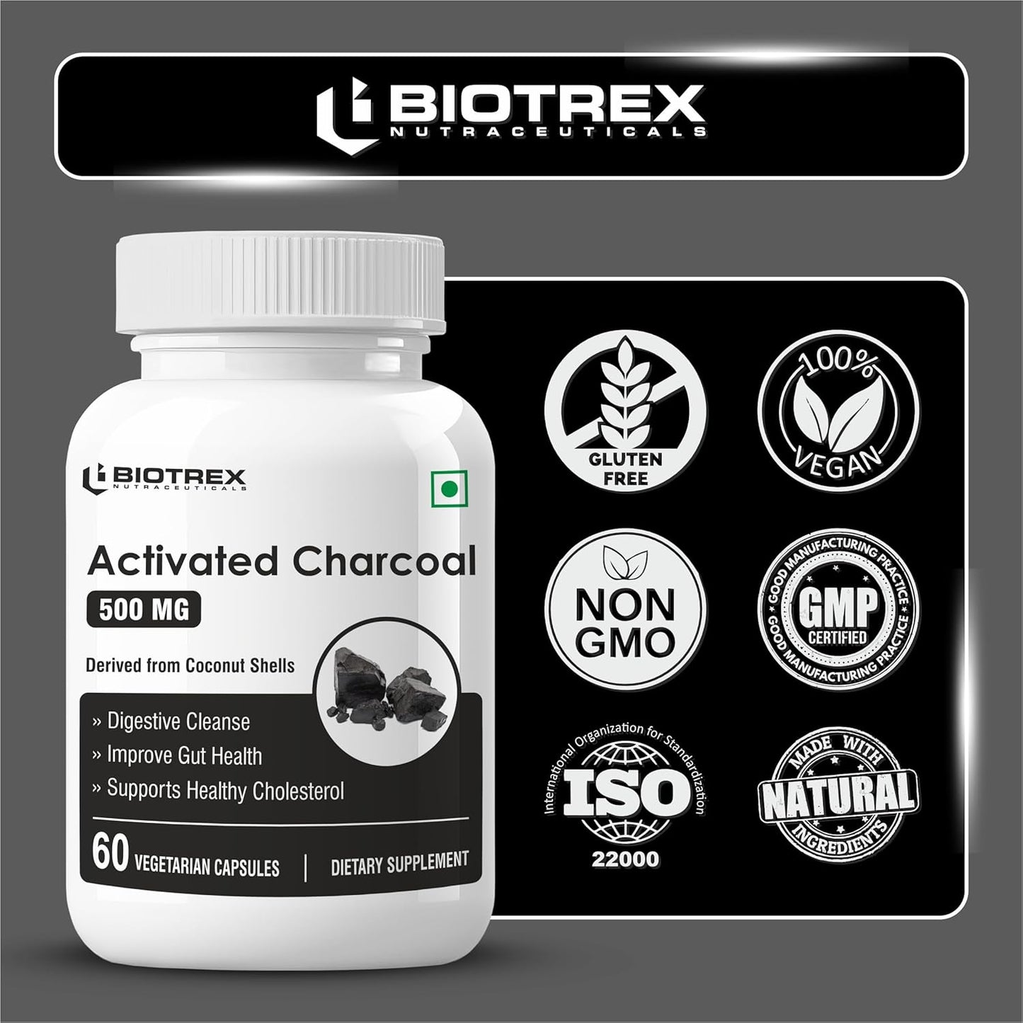 Biotrex Nutraceuticals Activated Charcoal 500mg | Sourced From Coconut Shells | Gas & Bloating Relief | Supports Digestive Health & Gut Detox | 100% Natural | 60 Veg Capsules