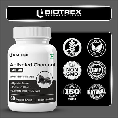 Biotrex Nutraceuticals Activated Charcoal 500mg | Sourced From Coconut Shells | Gas & Bloating Relief | Supports Digestive Health & Gut Detox | 100% Natural | 60 Veg Capsules