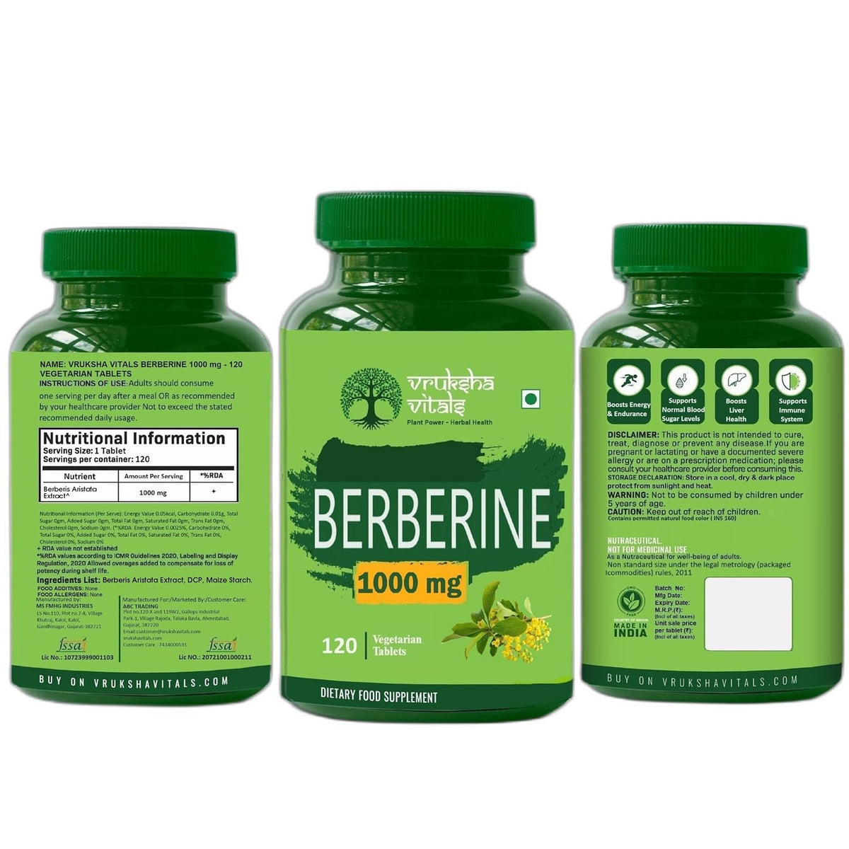 Vruksha Vitals 99% Berberine Extract 1000 mg - 120 tablets/Capsules Powder Supplement