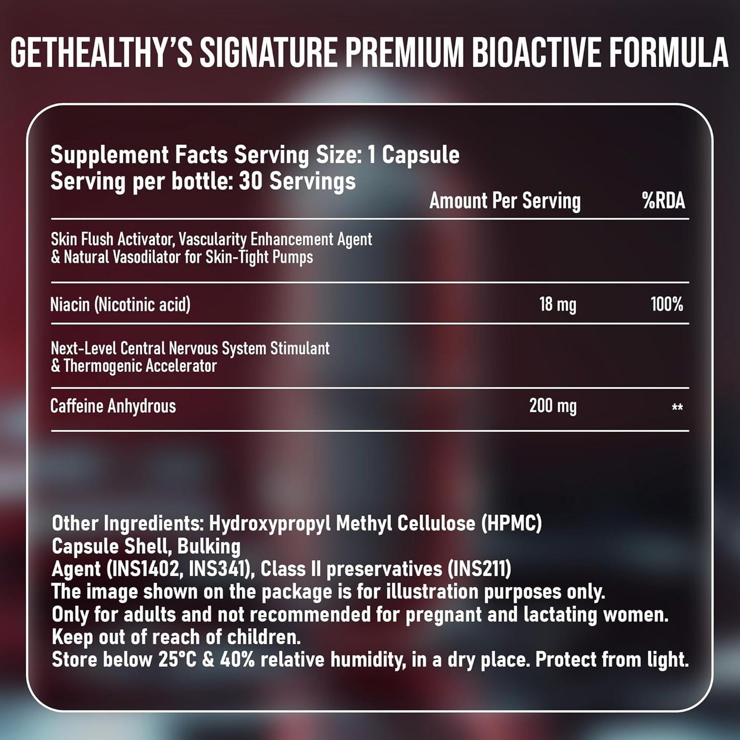 Supplement label for GetHealthy's Signature Premium Bioactive Formula with ingredient list and serving details.
