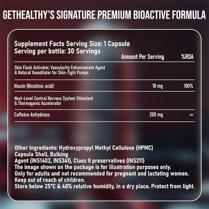 Supplement label for GetHealthy's Signature Premium Bioactive Formula with ingredient list and serving details.