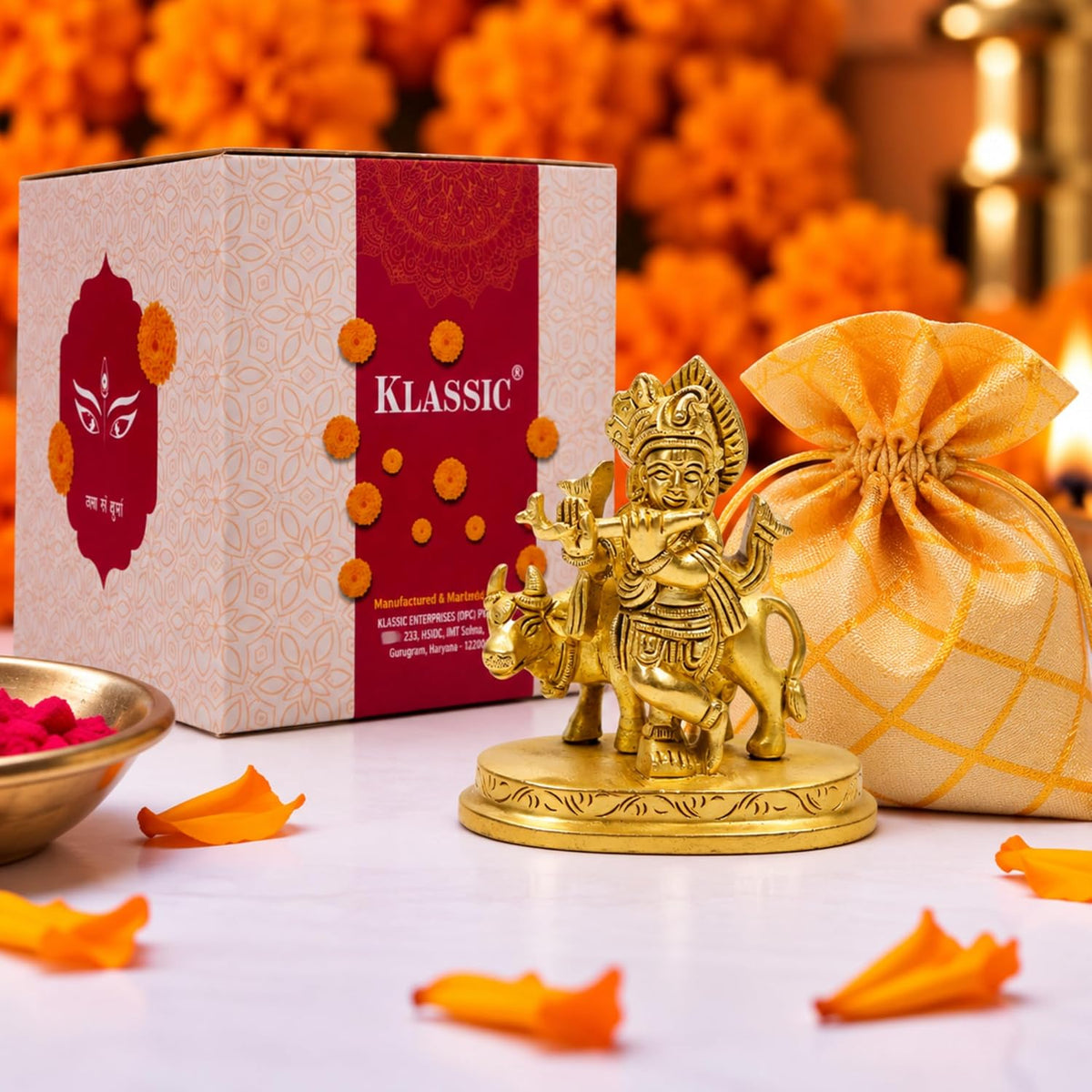 2.5 Inch Pure Brass Krishna Statue with Cow – Handcrafted Idol | Compact Spiritual Murti for Home Temple, Office Table, Puja Room, Festive Decoration & Auspicious Gift