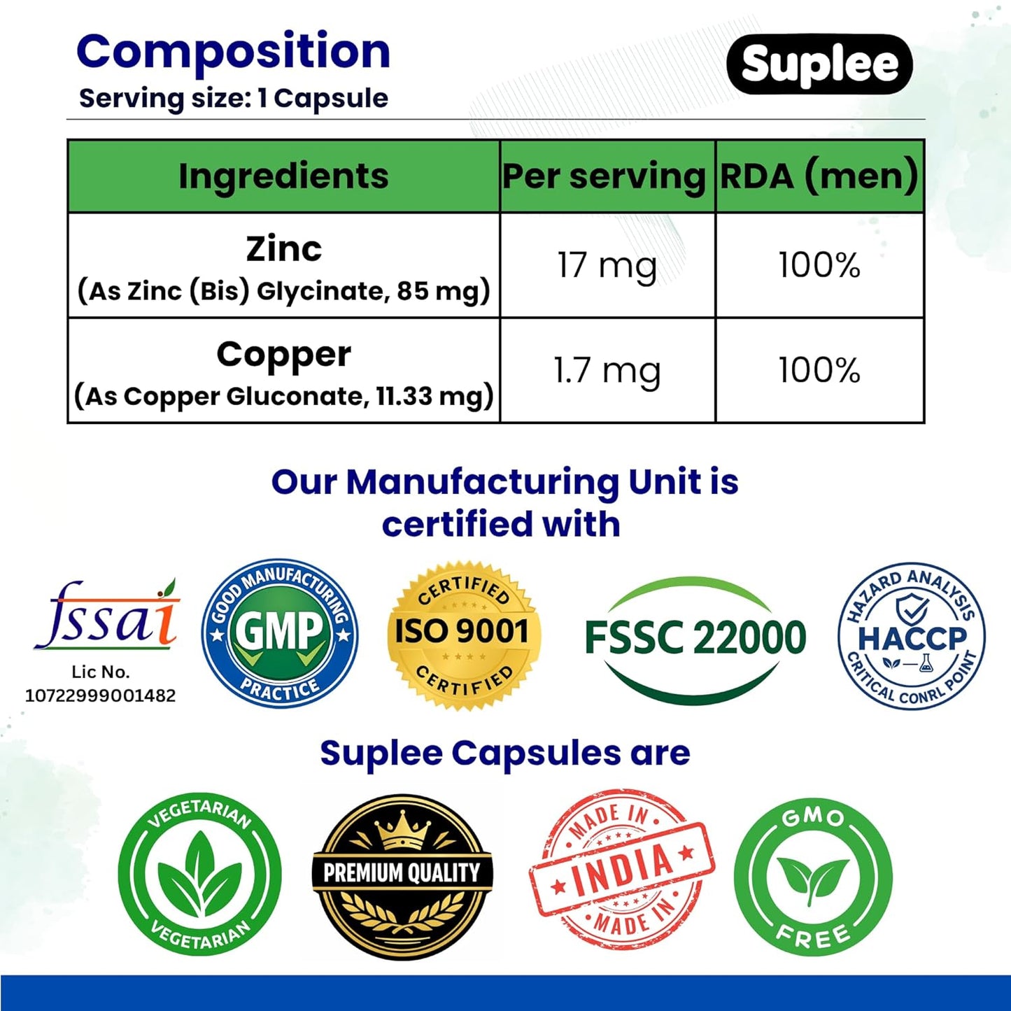 Suplee Zinc Glycinate with Copper Supplement | 17mg Zinc & 1.7mg Copper | High Absorption Chelated Formula for Immunity, Skin & Muscle Health | 90 Veg Capsules (Lab Tested)