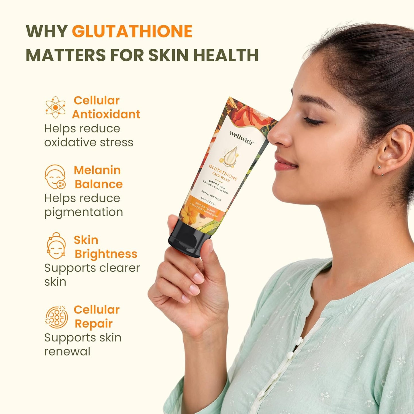 Wellwith by Ayuzera Glutathione Face Wash, Vitamin C & E, Kojic Acid Aloe Vera, Glowing Skin, Oil Control, Cleansing Face Wash Skin Rejuvanating (100ml, Pack of 1)
