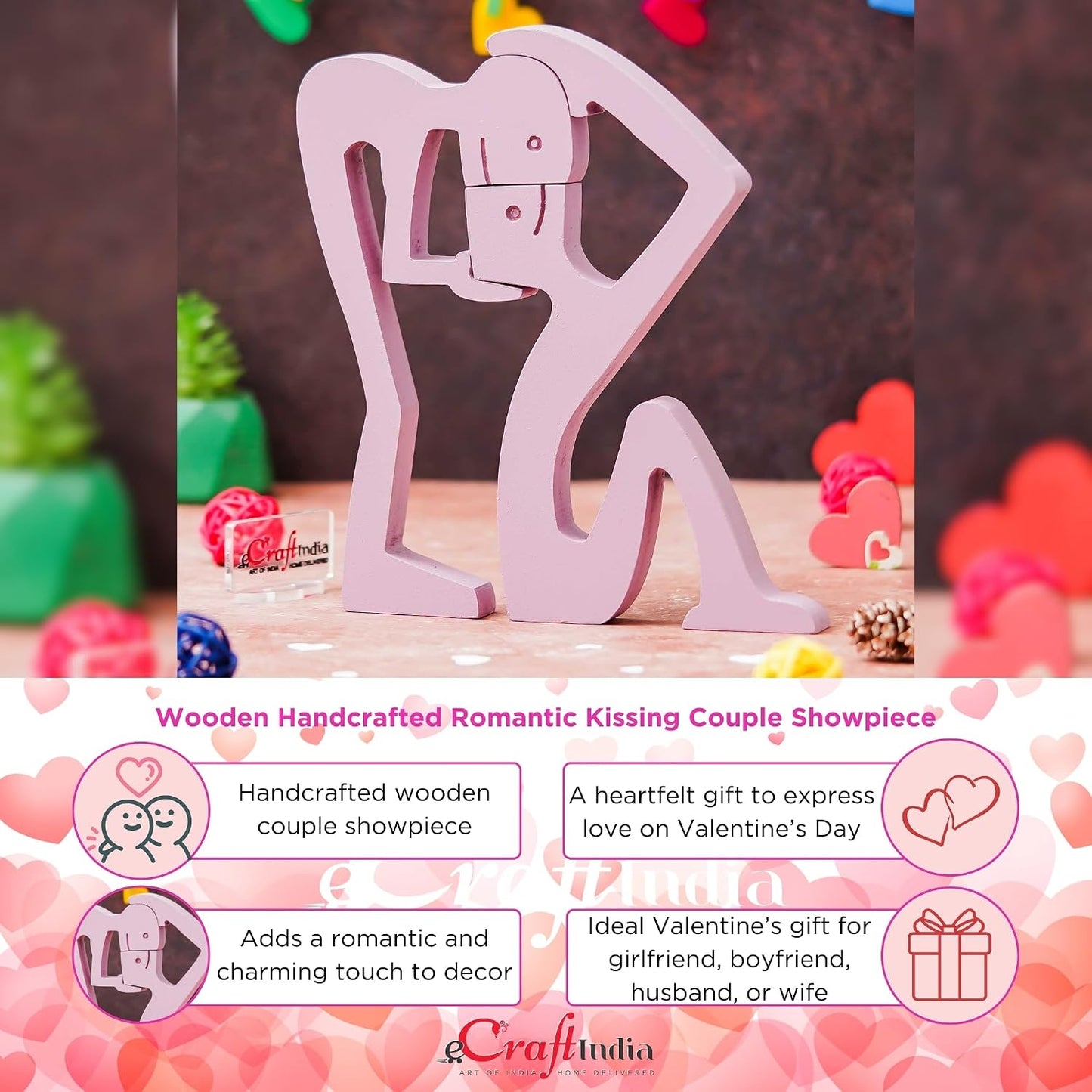 eCraftIndia Wooden Handcrafted Romantic Kissing Couple Showpiece | Valentine Gift for Girlfriend Boyfriend Husband Wife Special Love Her Him | Valentine Day Decoration Items
