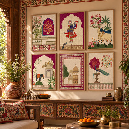 Indian Traditional Madhubani & Pichwai Wall Art | Framed Paintings for Living Room, Bedroom & Office Decor | Set of 6, 10x13 Inch