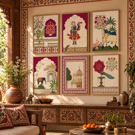 Indian Traditional Madhubani & Pichwai Wall Art | Framed Paintings for Living Room, Bedroom & Office Decor | Set of 6, 10x13 Inch