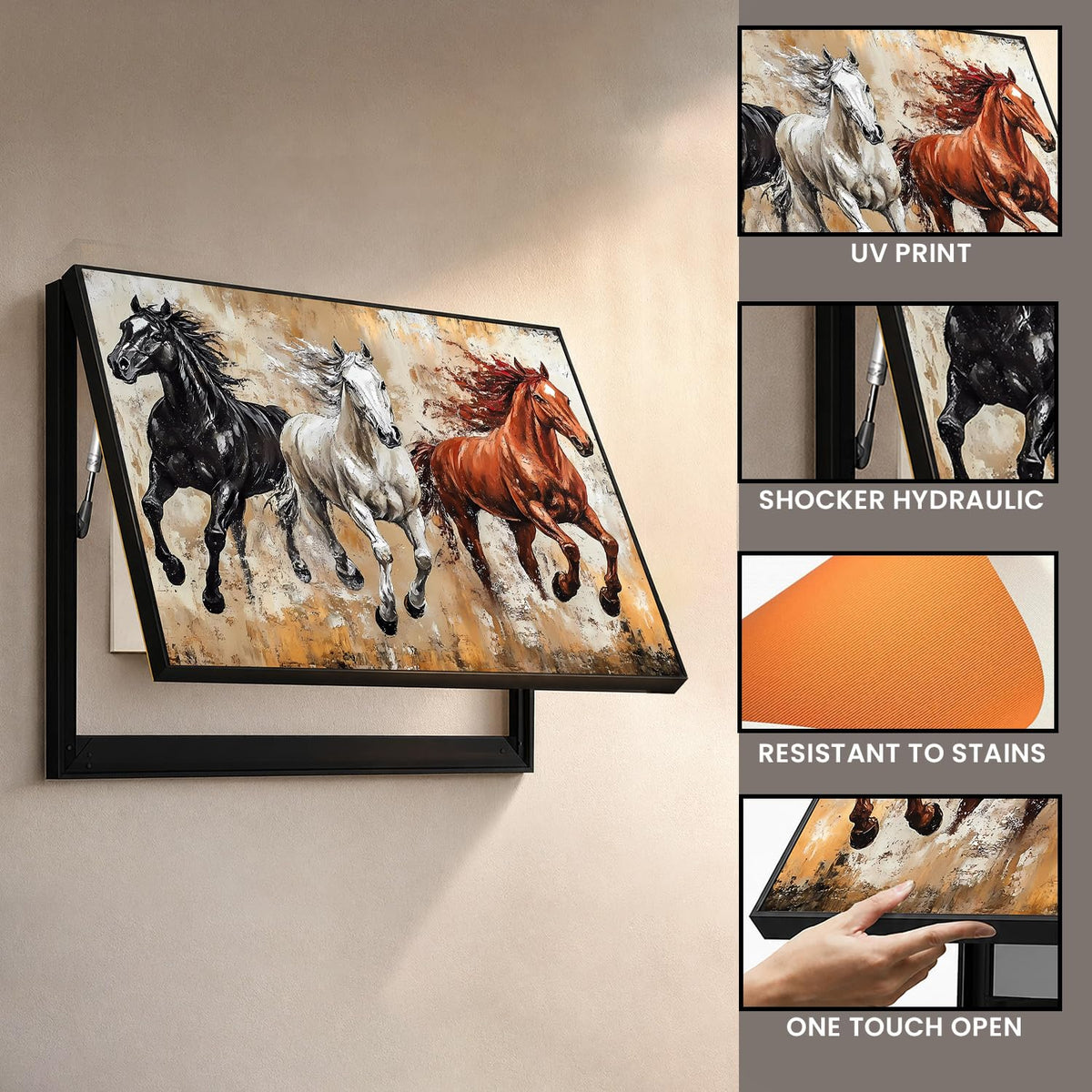 Electric MCB Box Cover Frame With Hydraulic Decorative Painting White 3 Running Horse Painting Electrical Panel box Cover, Switch Box Frame Will Fit Max 10x14 inch Switch Board, Outer Size 13X17 Inch