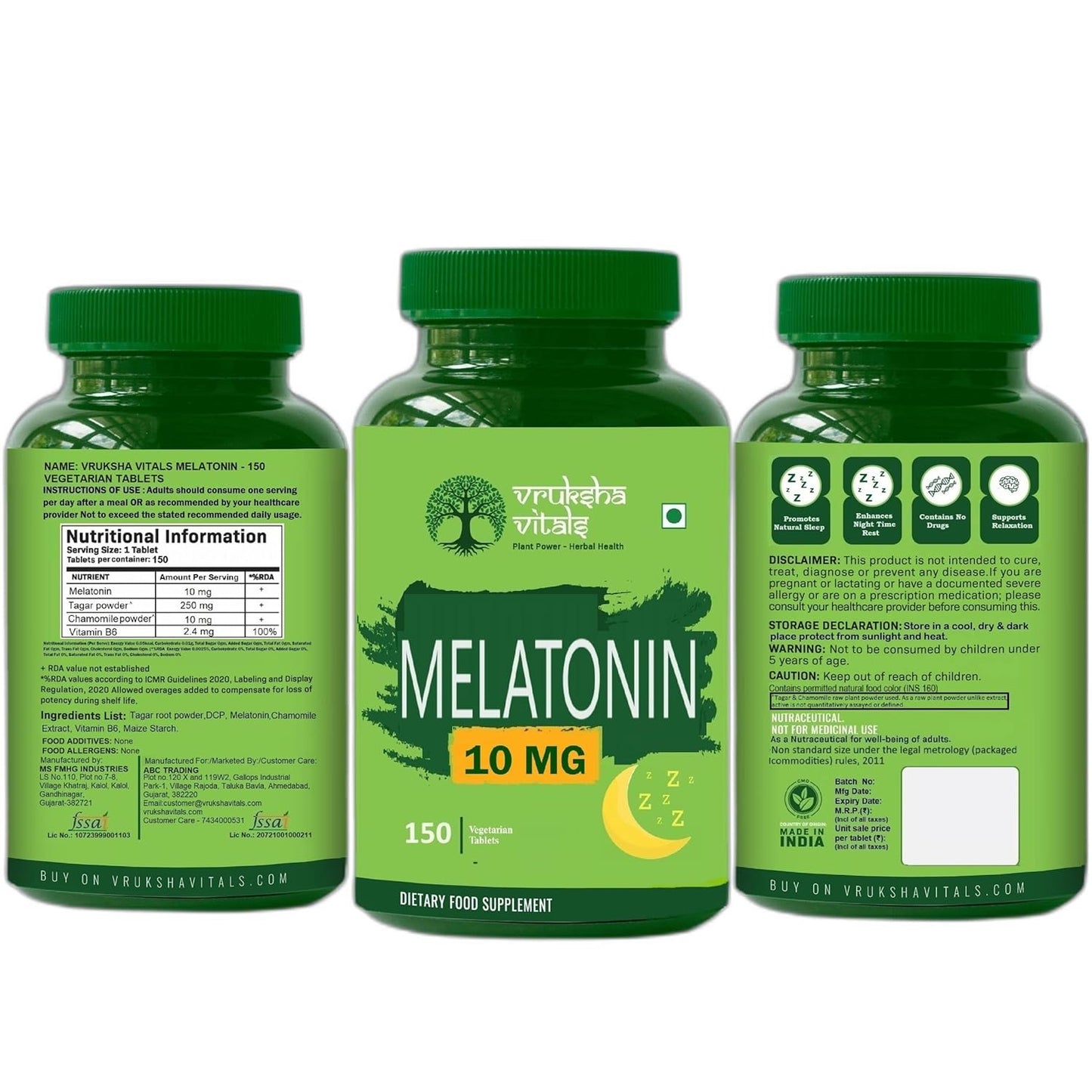 Three bottles of Vriksha Vitals Melatonin 10 mg supplement on a white background