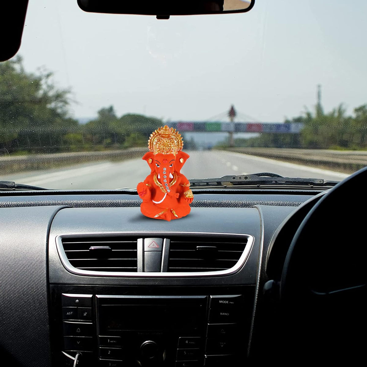 Polyresin Orange Ganesha Statue for Car Dashboard God Ganesh Murti Ganpati Idol Figurine with Double Side Tape