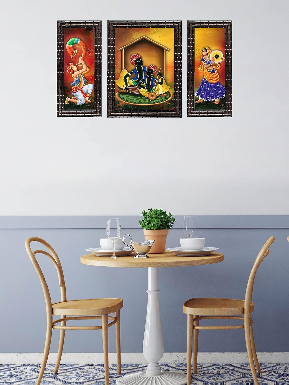 3 PC Set of Rajasthani Folk Music & Dance Paintings (1084) Without Glass 6 X 13, 10.2 X 13, 6 X 13 inch-Multicolour