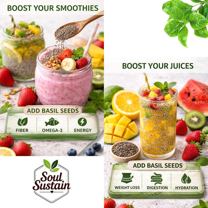 SoulSustain Basil Seeds Sabja Seeds for Drinks Falooda Detox Fiber Rich Tukmaria Seeds for Digestion Cooling Summer Drink Ingredient Natural Sweet Basil Seeds for Soaking Beverages, Basil (Sabja) Seeds)