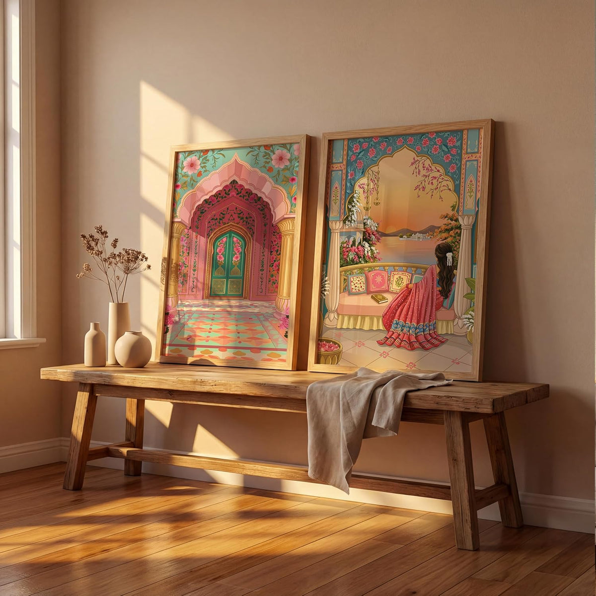 Rajasthani Woman Balcony Lake View Wall Art Painting | Set of 2 Framed Paintings | Indian Aesthetic Decor for Living Room Bedroom Home Office | (ART 1, 13x19 INCHES)