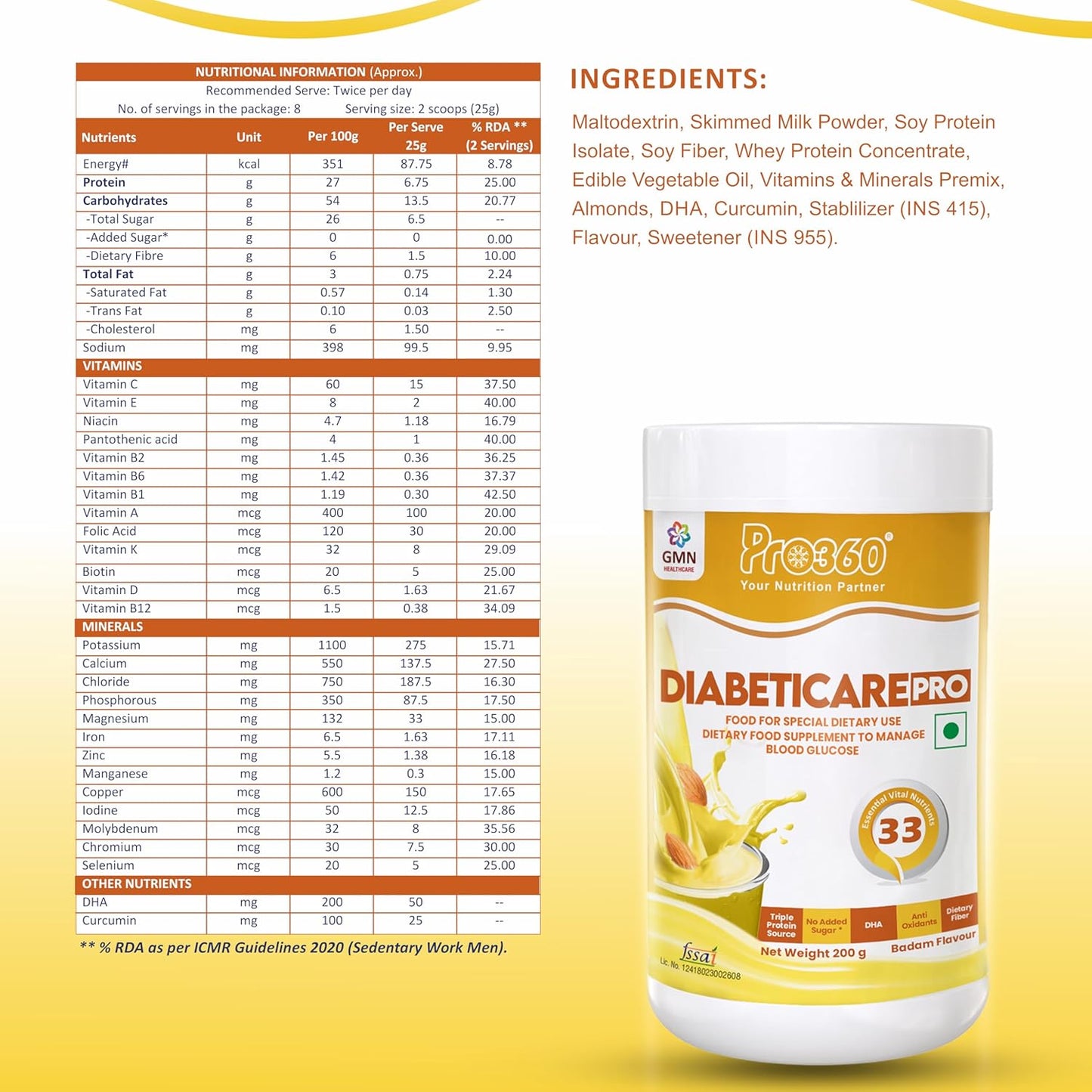Pro360 Diabeticare Pro Protein Powder for Diabetes - Nutrition Supplement for Diabetic Care - Helps in Managing Blood Sugar Levels - Zero Added Sugar - Badam Flavour 200g Jar