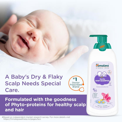 Baby with dry and flaky scalp next to a bottle of Himalaya Baby Shampoo on a white background