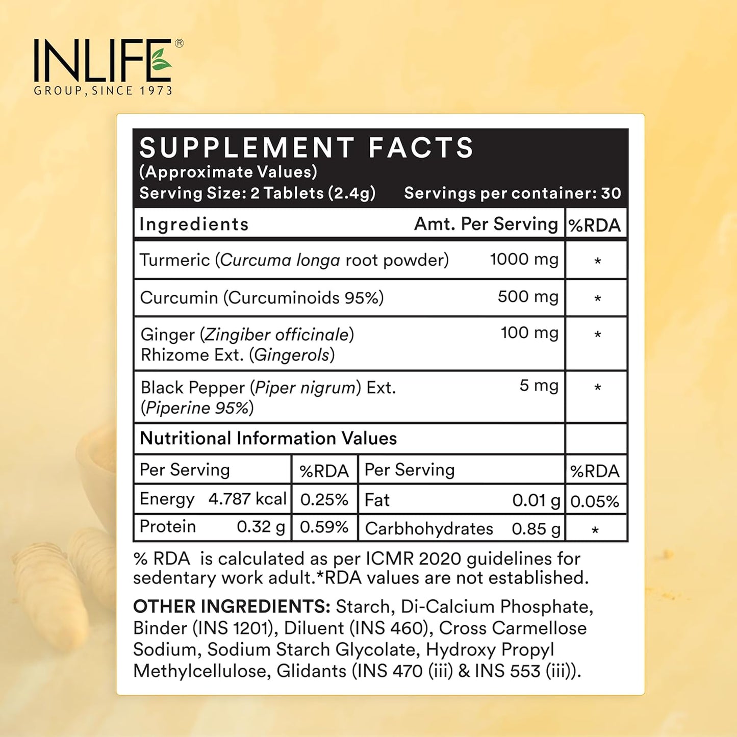 INLIFE Curcumin Tablets with Piperine | 95% Curcuminoids with Curcuma Longa Root Powder | Antioxidant & Anti-inflammatory | Turmeric & Ginger Extract, 1605mg - 60 Tablets (Pack of 1)