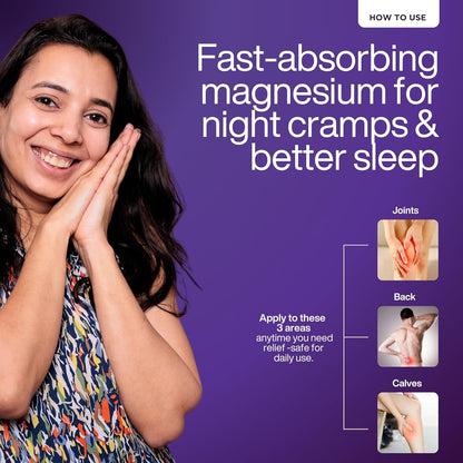 Advertisement for fast-absorbing magnesium with a woman applying it, on a purple background.
