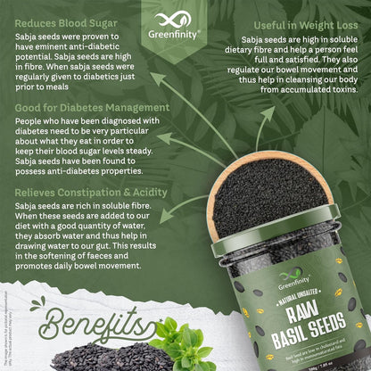 Greenfinity Hygienic Raw Sabja Basil Seeds 200 Grams Nutrient-Rich, Pure Basil Seeds For Healthy Drinks, Smoothies, And Recipes