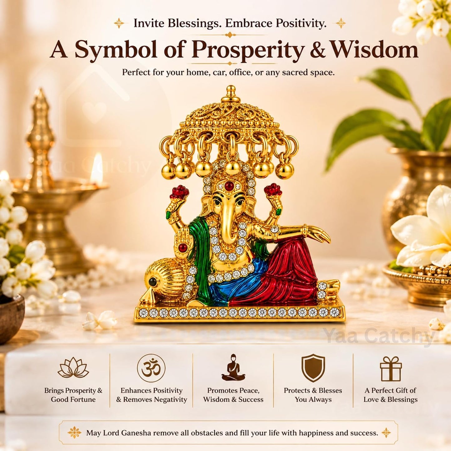 Yaa Catchy Mini Ganesh Idol for Car Dashboard | Small Ganesha Idol for Home, Office Desk & Pooja | Ganpati Murti with Premium Gold & Stone Work |5.5 cm (Mini Maharaja Ganesha)
