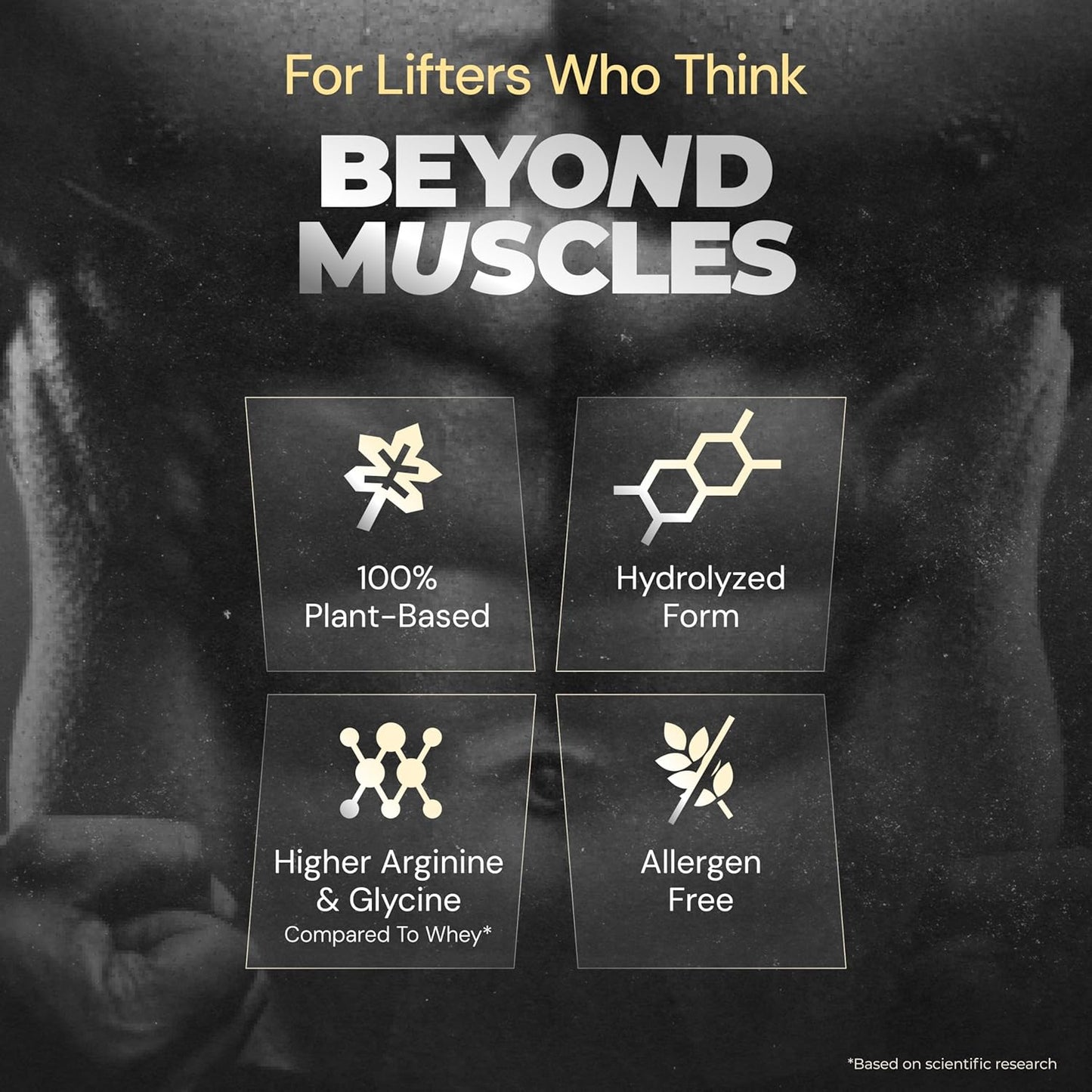 Advertisement for a supplement product for lifters, highlighting features like plant-based, hydrolyzed form, higher arginine & glycine, and allergen-free.