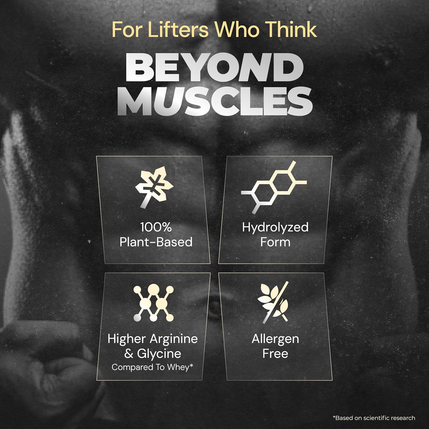 Advertisement for a supplement product for lifters, highlighting features like plant-based, hydrolyzed form, higher arginine & glycine, and allergen-free.