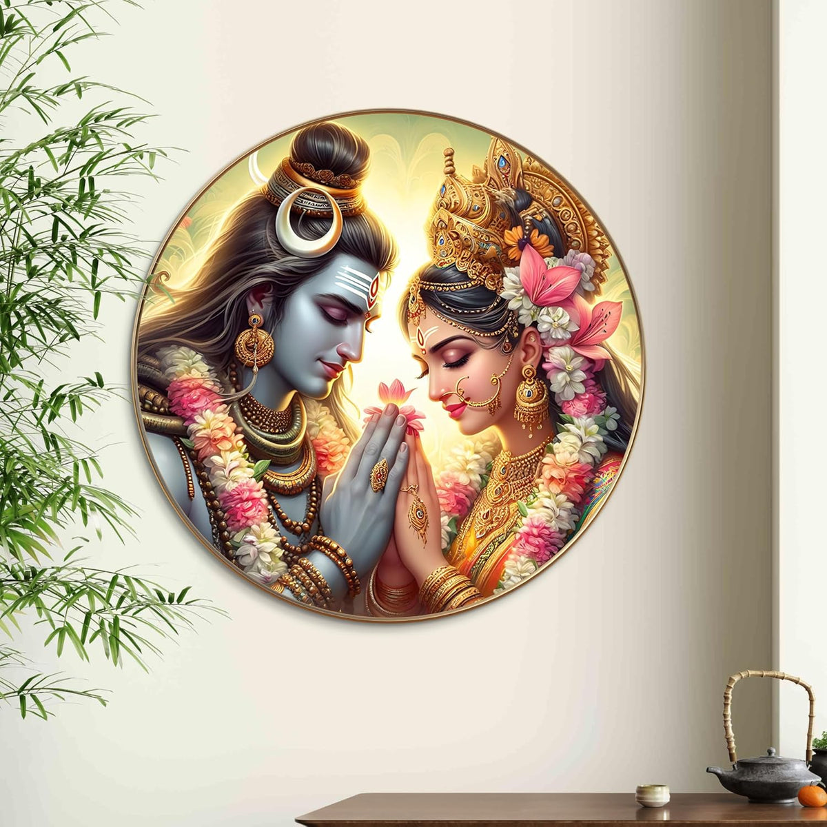 Radha Krishna Round Art Print with Golden Frame | HD Divine Floral Art Print for Pooja Room, Living Room & Temple Décor 16 Inch x 16 Inch