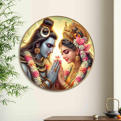 Radha Krishna Round Art Print with Golden Frame | HD Divine Floral Art Print for Pooja Room, Living Room & Temple Décor 16 Inch x 16 Inch