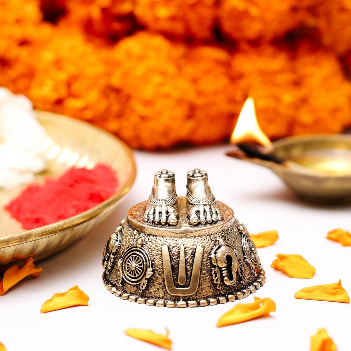 1.5 Inch Pure Brass Charan Paduka Idol | Decorative Vishnu Charan for Home Temple, Mandir, Office Desk & Puja Room | Spiritual Showpiece, Festive Gift & Religious Home Decor