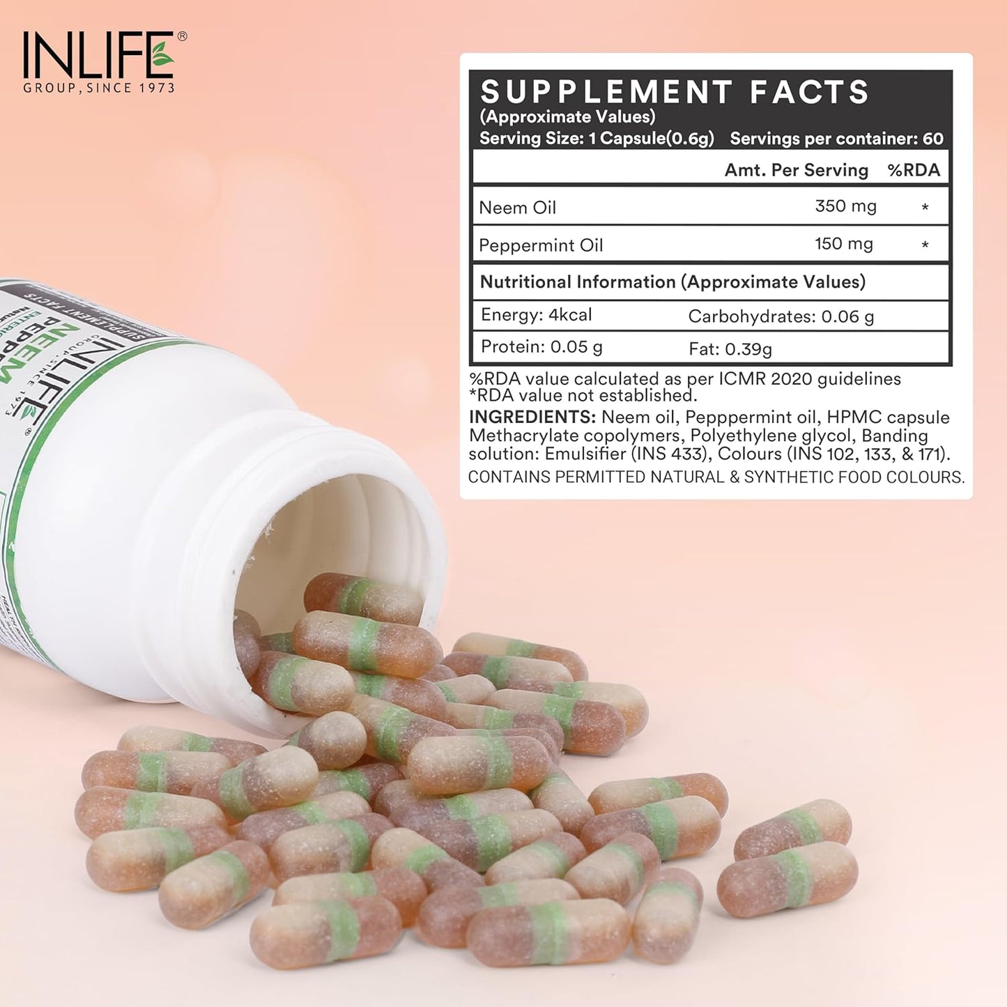 INLIFE Neem Oil 350mg with Peppermint Oil 150mg | Digestive Health & Skin, Hair Care Supplement | Enteric Coated Capsules – 60 Liquid Filled Vegetarian Capsules (Pack of 1, 60)