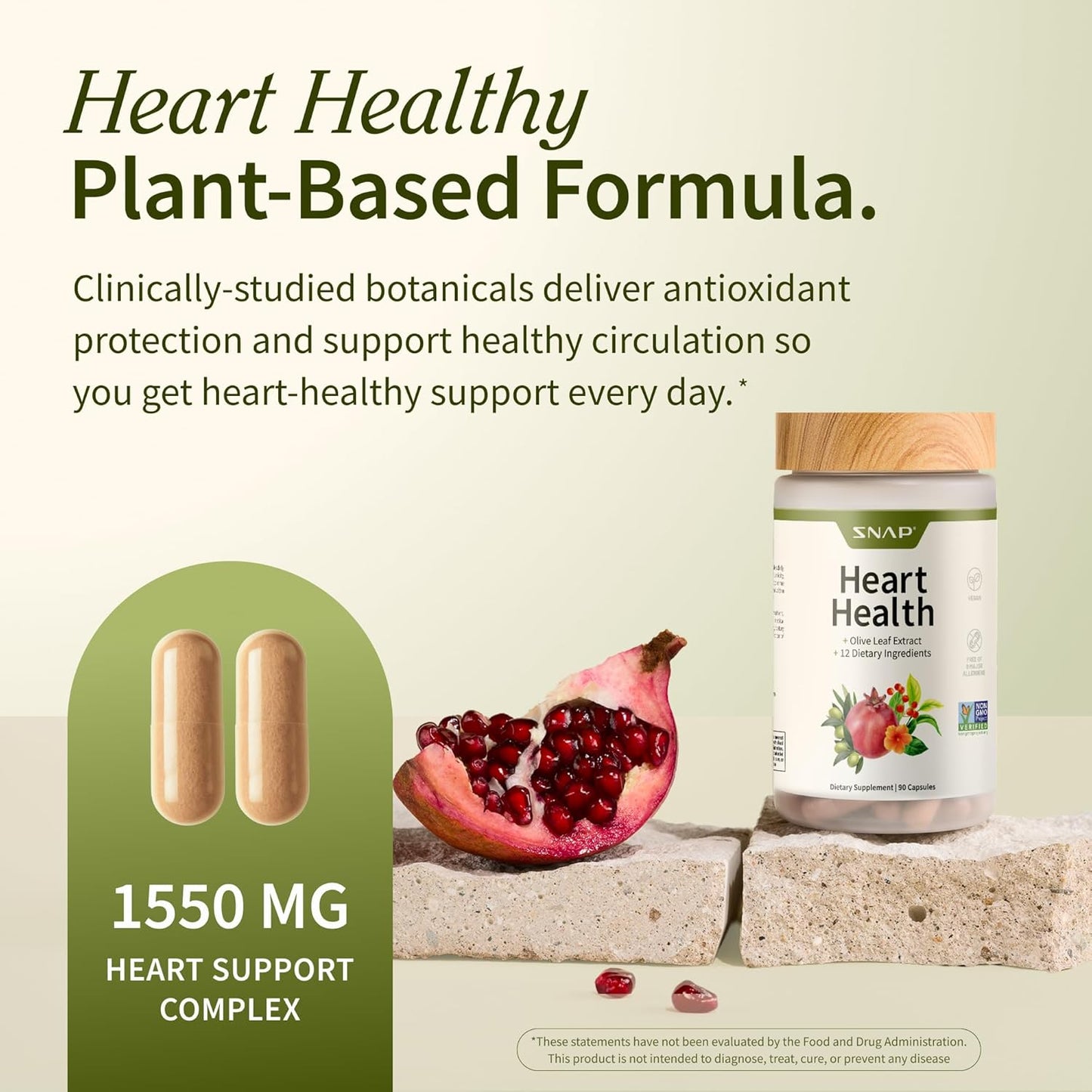Heart health supplement with pomegranate and capsules on a light background