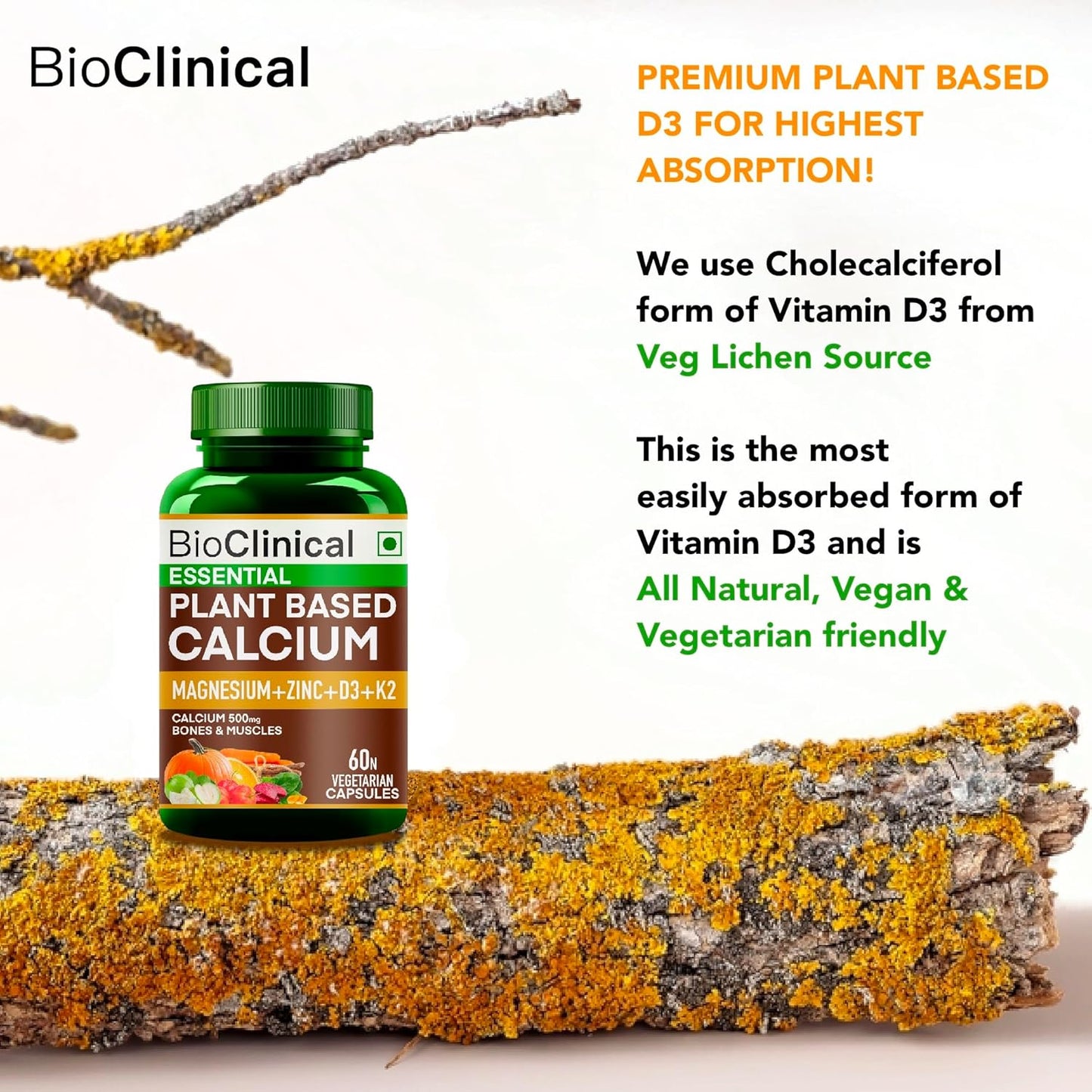 BioClinical 500mg Plant Calcium Magnesium Zinc Vitamin D3 + K2 for Joint Support & Bone Health -100% Plant Based Supplement -Made with Natural Ayurvedic Herbs & Plant Extracts - 60 Veg Capsules