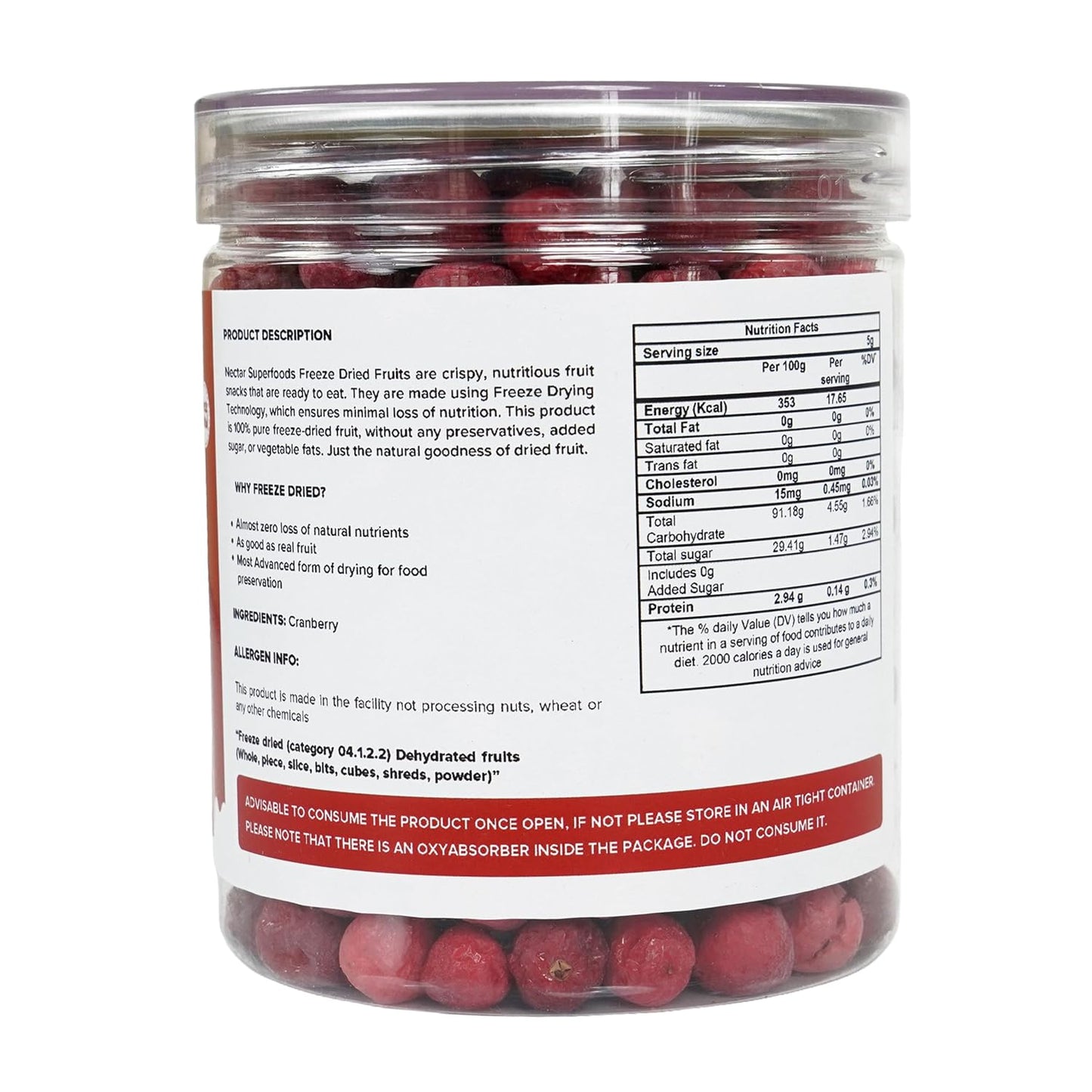 Freeze Dried Cranberry – 35g Jar Pack of 1 | 100% Natural Cranberries | No Added Sugar | Tangy & Crispy Healthy Snack |