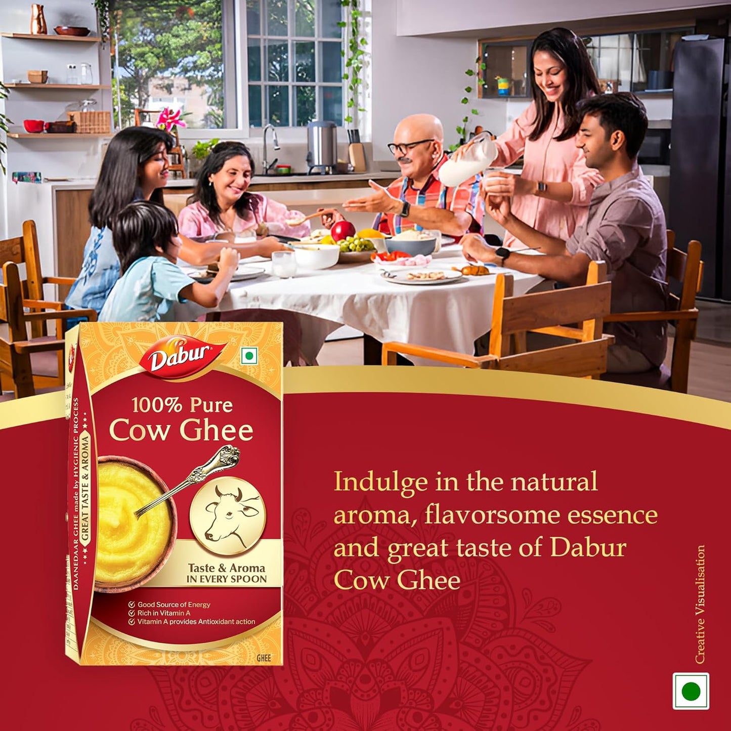 Dabur 100% Pure Cow Ghee - 1l (902g) | Daanedaar with Rich Aroma | Rich in Vitamin A | Provides Energy/Source of Energy