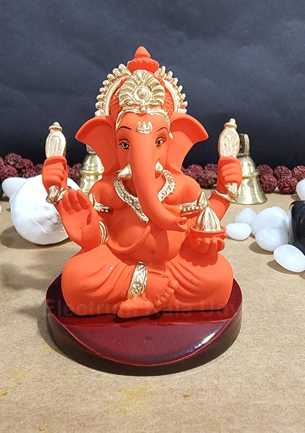 Handcrafted Poly Resin Ganesha Statue with Base - Perfect for Car Dashboard, Office Desk, Shelves, and Home Decor - Ideal Housewarming Gift! (4HandOrangeTerracottaMDf)