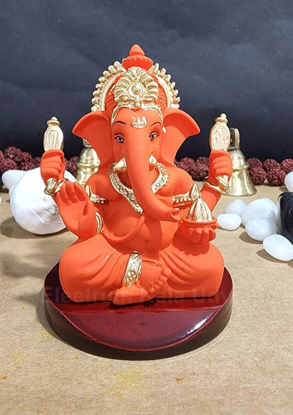 Handcrafted Poly Resin Ganesha Statue with Base - Perfect for Car Dashboard, Office Desk, Shelves, and Home Decor - Ideal Housewarming Gift! (4HandOrangeTerracottaMDf)