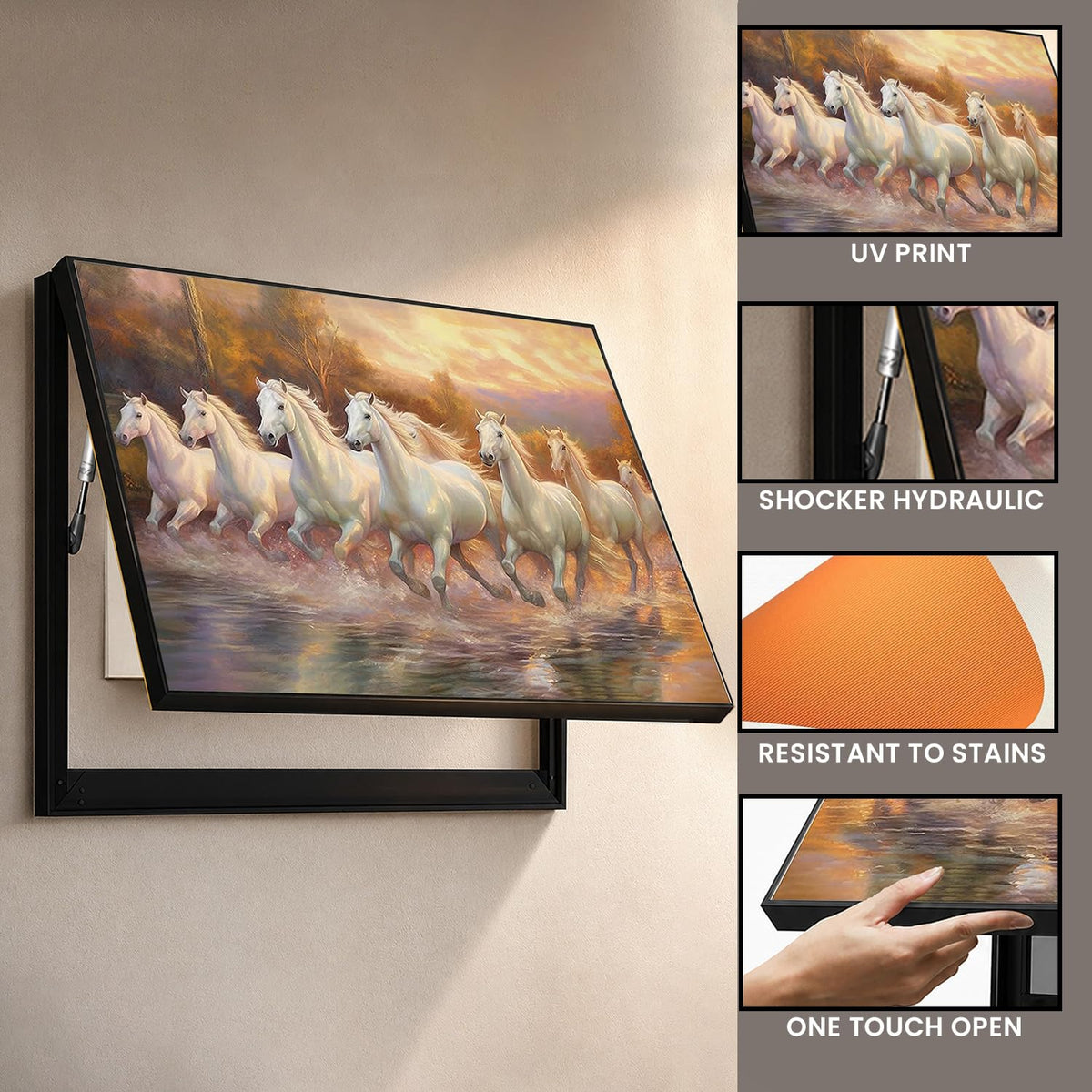 Electric MCB Box Cover Frame With Hydraulic Decorative Painting White 7 Running Horse Painting Electrical Panel box Cover, Switch Box Frame Will Fit Max 10x14 inch Switch Board, Outer Size 13X17 Inch